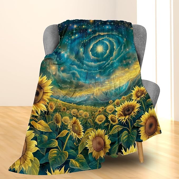 Sunflower Starry Sky Blanket - Ultra Soft, Fluffy, Lightweight Flannel Throw Blankets for Couch, Bed, Travel, Outdoor - Cozy, Fuzzy Home Decor, for Adults Kids Women Girls 60×50 in