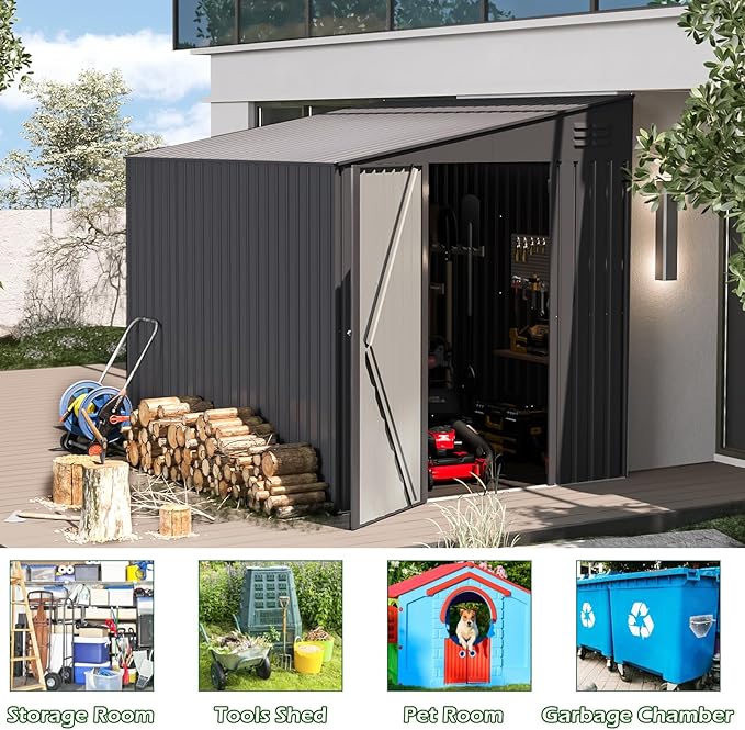 AECOJOY Shed Lean to Storage Shed, Outdoor 6' x 8' Metal Wall Side Bike Shed & Outdoor Storage, Garden Storage Cabinet for Backyard, Patio and Outdoor Use in Dark Grey