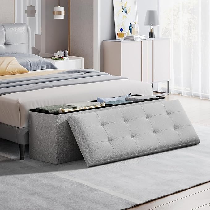 Storage Ottoman Bench, 43 Inch Ottoman Foot Rest, End of Bed Bench, Storage Chest, Load 700 lb, for Living Room, Bedroom, Entryway, Light Gray