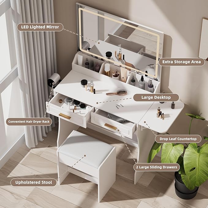 Modern White Makeup Vanity Desk with Adjustable Lights, Mirror, and Storage - Complete Vanity Set with Drawers, Shelves, and Stool