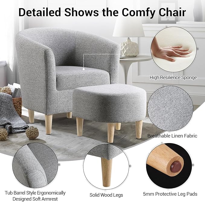 DAZONE Accent Chair with Ottoman, Mid Century Modern Barrel Comfy Fabric Armchair and Footrest Set, Upholstered Club Tub Round Arms Chair for Living Room Bedroom Reading Room, Grey