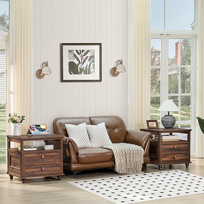 Farmhouse Nightstand Set of 2 with Charging Station, 24" Wide End Table with 2 Drawers,Brown Dresser for Bedroom,Bed Side Table Chest of Drawers Cabinet, Night Stand for Living Room