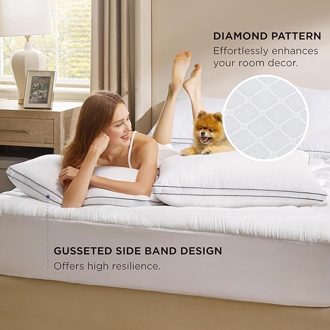 Bedsure Standard Pillows Set of 2 - Fluffy Bed Pillows for Sleeping, Hotel Quality, Diamond Quilted Design, Gusseted Supportive Down Alternative Filling for Back, Stomach, Side Sleepers