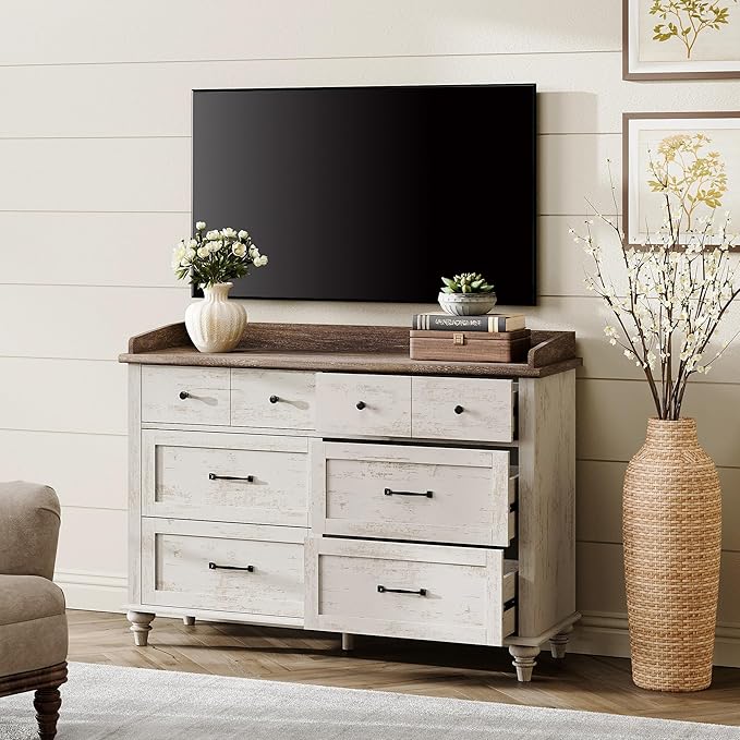 WAMPAT Kids Dresser for Bedroom with 6 Drawers, Rustic White Baby Dresser with Wide Chest of Drawers, Farmhouse Kids Closet Storage Organizer, Wood Dressers for Living Room, Nursery, Hallway