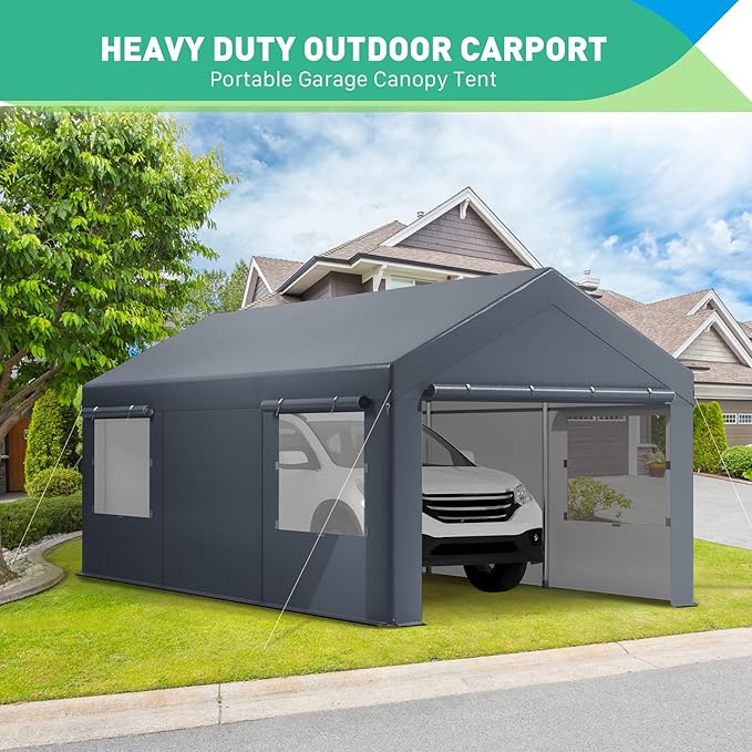 12x20 FT Heavy Duty Carport, Portable Garage with Sidewalls, Roll-up Windows, Carports 10x20 Heavy Duty for Car Boat Truck Motorcycle (Gray)