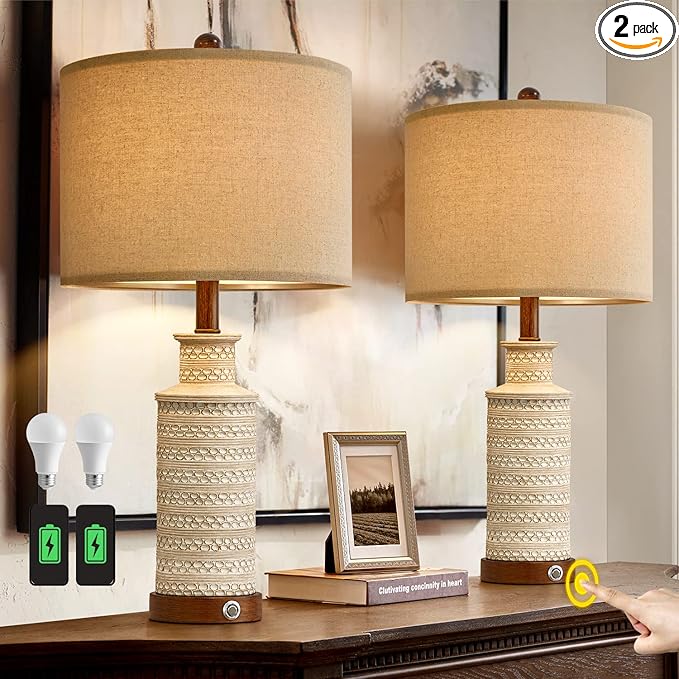 BOBOMOMO 24.5'' 3-Way Dimmable Touch Control Table Lamp Set of 2 with Dual USB Charging Ports for Bedroom Living Room Vintage Rustic Farmhouse Traditional Nightstand Bedside Lamps(Bulbs Included)