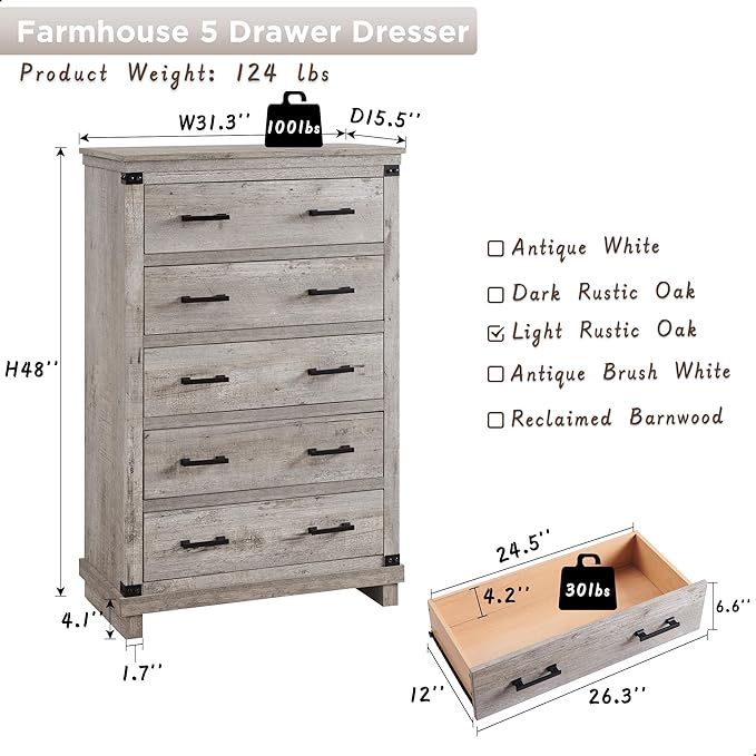 Farmhouse 5 Drawers Dresser for Bedroom, Tall Chest of Drawers with Thick Plank Styling, Wood Rustic Closet Dresser for Bedroom, Living Room, Light Rustic Oak Color