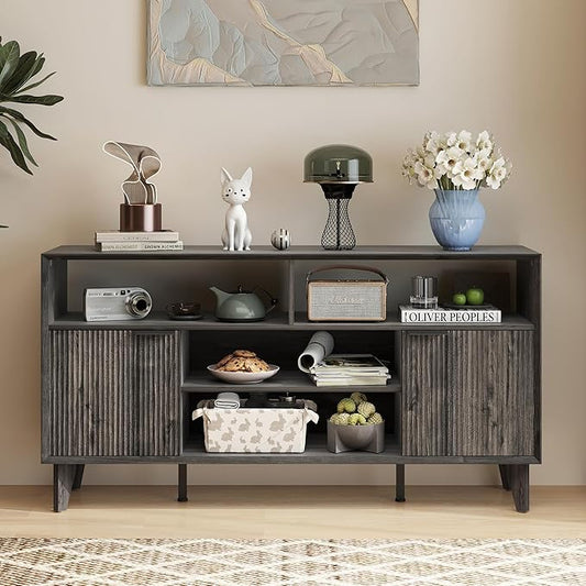 Fluted TV Stand for 70 inch，Entertainment Center with Storage Cabinets, Modern TV Console with Open Adjustable Shelves, TV Stand for Living Room Bedroom, Black&Grey