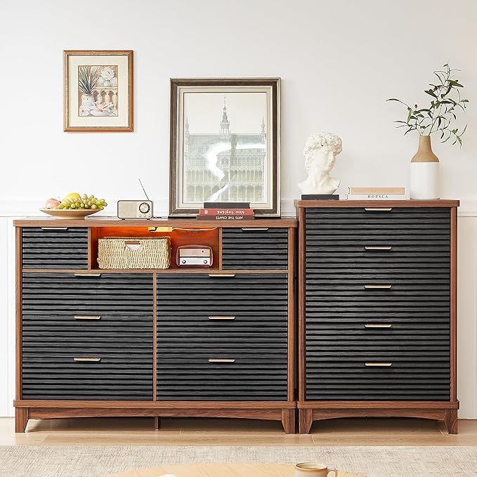 AOGLLATI Black Dresser for Bedroom with Slanted Louvre Design,Retro Chest of Drawers with Charging Station, Wooden Led Wide Tall 8 Drawer Dresser for Bedroom,Living Room, Hallway, Black & Brown