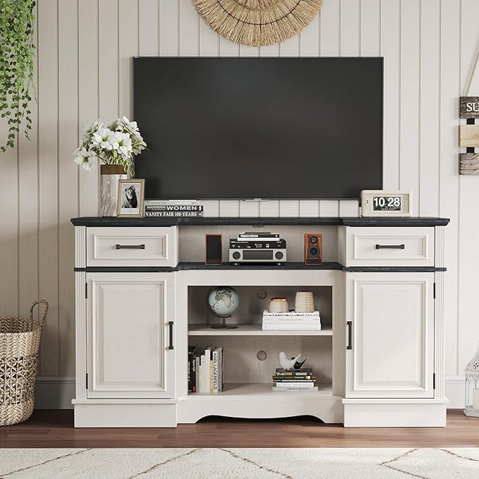 Maupvit TV Stands Farmhouse Entertainment Center for Televisions up to 65 Inch, Console Table Media Furniture with 2 Storage Cabinets and 2 Barn Door, Rustic TV Cabinet for Living Room, White