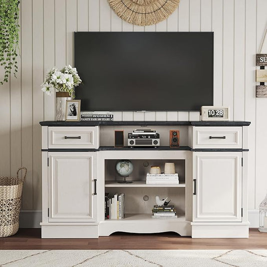 Maupvit TV Stands Farmhouse Entertainment Center for Televisions up to 65 Inch, Console Table Media Furniture with 2 Storage Cabinets and 2 Barn Door, Rustic TV Cabinet for Living Room, White