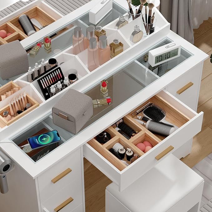 Makeup Vanity Desk with Large Lighted Mirror and Lights, Glass Top Vanity Table Set with 7 Drawers, Power Outlet & Storage Stool, Dressing Table with RGB Ambient Light for Women Girls Bedroom, White