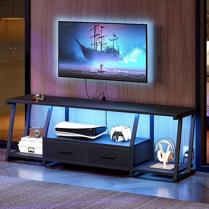 LED TV Stand with Fabric Drawers for 75 Inch TV, Entertainment Center with Power Outlets and Open Storage Shelves, Industrial Media TV Console Table for Living Room, Bedroom, Black