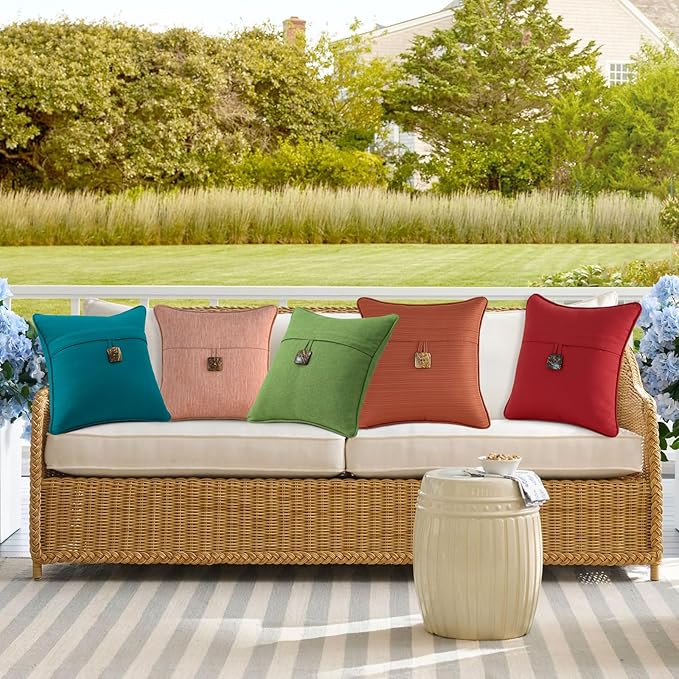 Outdoor Sunbrella Decorative Pillows with Coconut Button Pack of 4, 18" x 18" Outdoor Pillow Set for Couch Bed Throw Patio Sofa, Spectrum Peacock