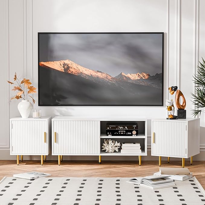 Cozy Castle 75" Modern Fluted Stand for TV up to 80", Mid Century Entertainment Center with Storage and Open Shelves, Media Console for Living Room, Bedroom, White