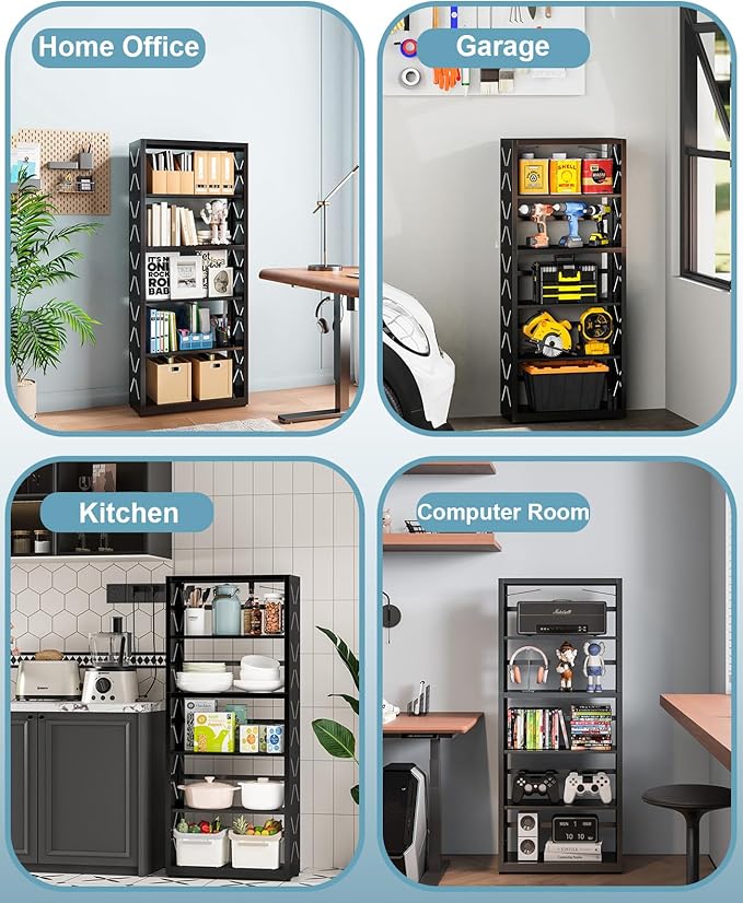 5-Cube Bookshelf, All Steel Bookcase with Adjustable Shelves & Anti-Tip Kit for Home Office, Hallway, and Garage, Modern Tall Display Shelves, Heavy-Duty Storage Organizer (Black)