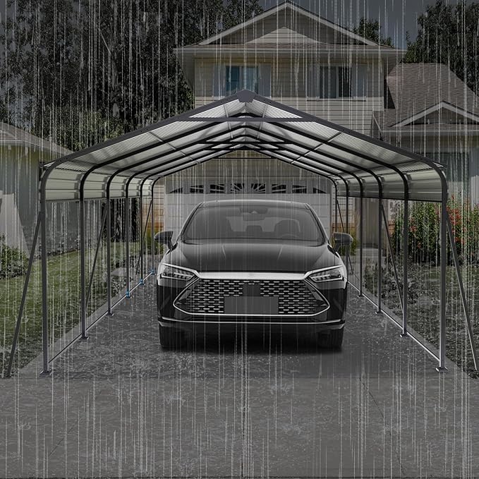 Metal Carport 13 ×26.5 FT Heavy Duty with Galvanized Steel Roof, Metal Garage Canopy with Galvanized Steel Roof & Frame, Car Tent Outdoor Storage Shed for Car, Boats and Truck, Gray