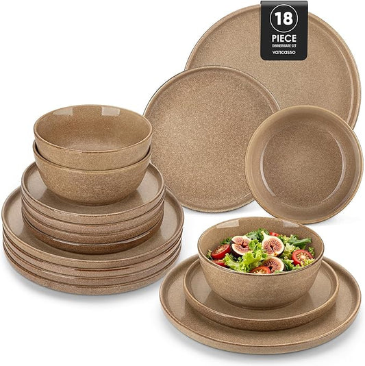 vancasso ANYA 18 Pieces Plates and Bowls Set, Caramel Dinnerware Sets, Reactive Glaze Dishes Set for 6, Ceramic Dishware Sets Kitchen Dinner Set, Microwave & Dishwasher Safe
