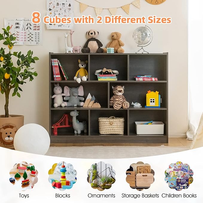 Toy Storage Organizer, 3-Tier Kids Bookshelf, 8 Cube Kids' Bookcases, Cabinets & Shelves, Wooden Toy Organizers, Small Book Shelf for Bedroom, Playroom, Classroom, Nursery (Gray)