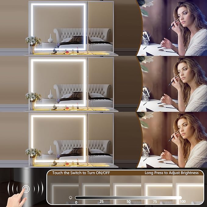 Galss Top Vanity Desk with Mirror and Lights, Large Storage Makeup Vanity with 7 Drawers, White Vanity Table with Side Glass Cabinet, Adjustable Brightness Dressing Table Set with Stool