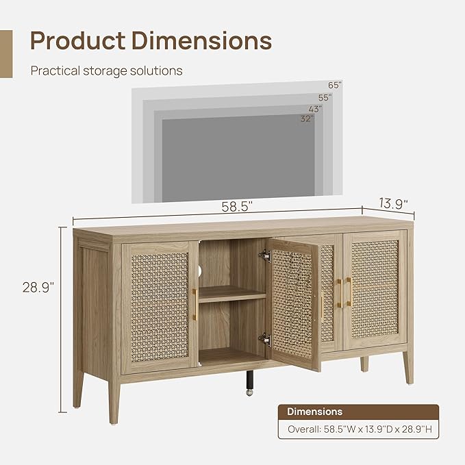SICOTAS TV Stands for Living Room Bedroom - Farmhouse Entertainment Center TV Console with 4 Doors Cabinet, 59" Boho Television Stands Media Console Credenza for 45 50 55 60 65 Inch TVs, Light Walnut