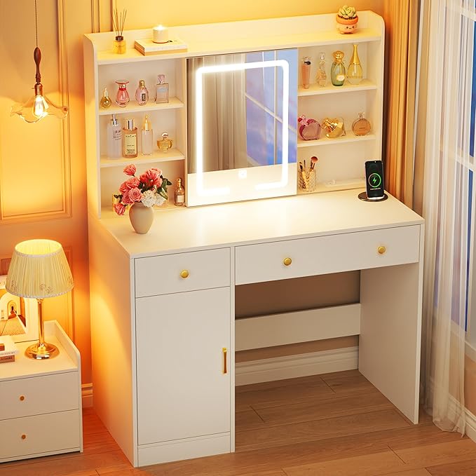 Vanity Desk with Mirror and Lights, 37" Makeup Vanity Desk with LED Lighted Mirror, Power Outlet, White Vanity with Storage Cabinet, 2 Drawers & 6 Shelves for Bedroom