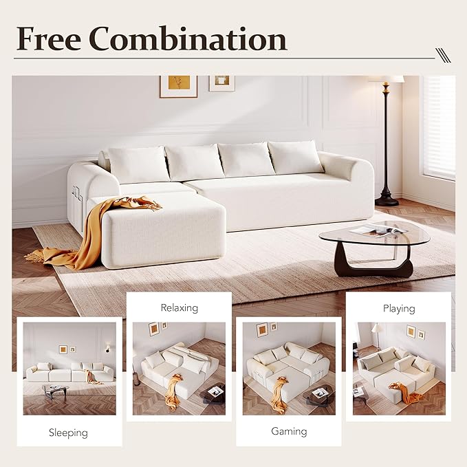 105.5" Cloud Sectional Couch with Ottoman & 4 Pillows, L Shaped Couches Boneless Sofa for Living Room, Chenille Fabric Deep Seat Comfy Couch, No Assembly Required, 72h to Restore