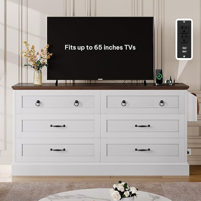 DWVO Farmhouse 6 Drawers Dresser, 59" Wide Wood Rustic Chest of Drawers with Nice Texture, Vintage Design, Storage Dressers Organizer for Living Room, Hallway, White