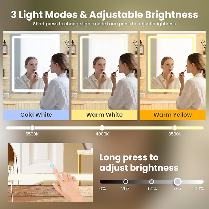 Fluted Vanity Desk with Mirror and Lights, 5 Drawers Glass Top Makeup Vanity with 10 Storage and 9-Grid Organizer, 3 Color Clear Glass Door Dressing Table with Charging Station, Natural Oak