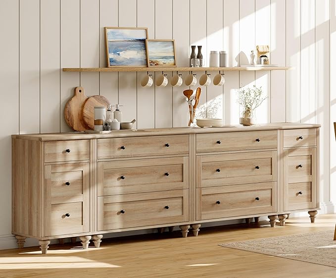 WAMPAT Farmhouse TV Stand for 100 Inch TV, 3-in-1 TV Console Table with 8 Drawers and 2 Storages, Entertainment Center for 75/80/85/90 Inch TV, Nightstands with Charging Station for Living Room, Oak