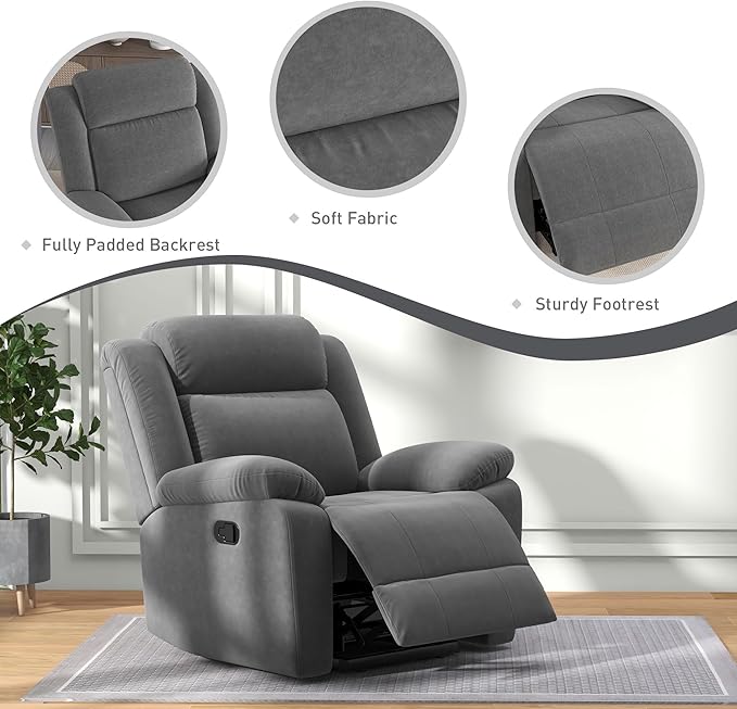 Bonzy Home Rocker Recliner Chair for Adults, Overstuffed Manual Rocking Recliner, Fabric Upholstered Single Sofa for Living Room, Grey