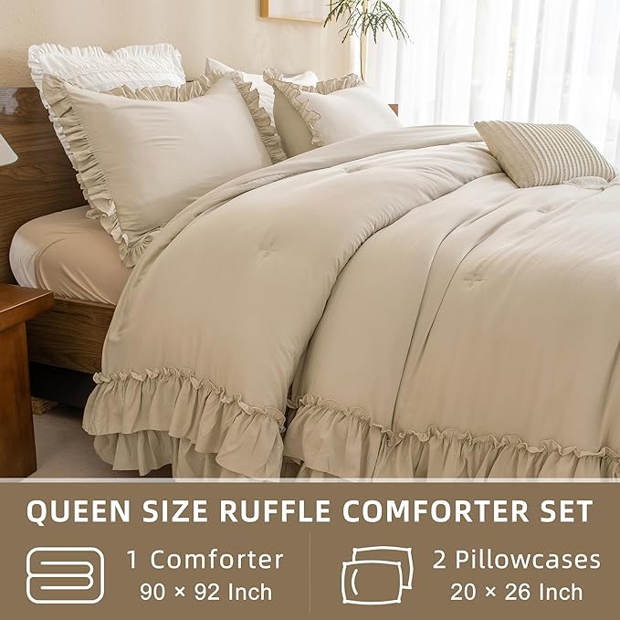 QSH Shabby Ruffled Comforter Queen Size, Farmhouse Wheat Bedding Comforter Set, 3 Pieces Lightweight Vintage Rustic Soft Comforter Queen for Bed, All Season Microfiber Fully Bedding Sets