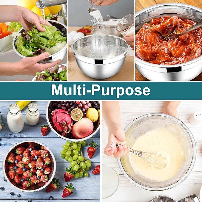 E-far Mixing Bowls with Lids, 12-Piece Stainless Steel Salad Bowls Metal Nesting Bowls for Baking Cooking and Prepping, Airtight Lids & Stackable Design, Size 7, 4.5, 3, 1.5, 1.2, 0.7 QT (Blue)