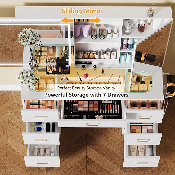 Vanity Desk with Lighted Mirror, Charging Station and Hairdryer Holder, Glass Top Makeup Vanity with Adjustable LED Lights, White Vanity Table with Sliding Mirror & Hidden Storage (No Stool)