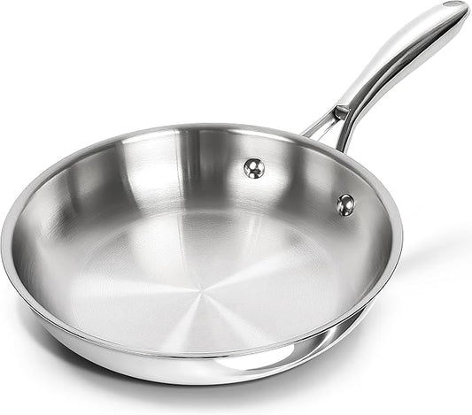 MICHELANGELO Stainless Steel 8 inch Frying Pan, Small Skillet with Triply Base, Stainless Steel Pan with Ergonomic Handle, Induction Compatible
