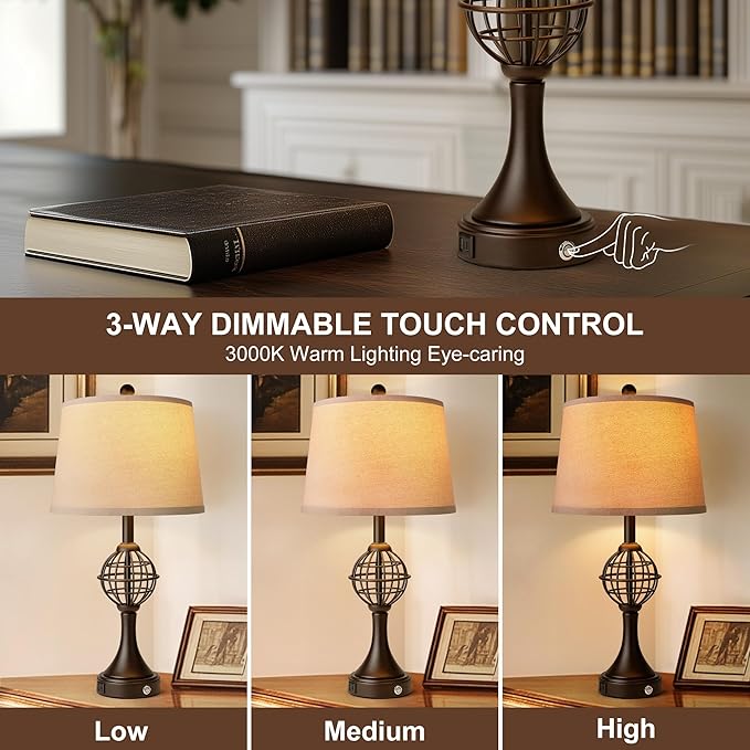 Table Lamps for Living Room Set of 2, Farmhouse Touch Lamps for Nightstand with USB A+C, 26.5" Rustic Bedside Lamp for Bedroom End Tables