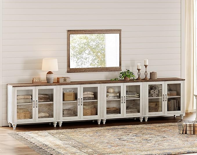 WAMPAT Farmhouse TV Stand for 100 Inch TV, Glass Door Universal TV Stand with 4 Storage Cabinets, Entertainment Center for 75/80/85/90 Inch TV, Console Table for Living Room, Bedroom, Rustic White