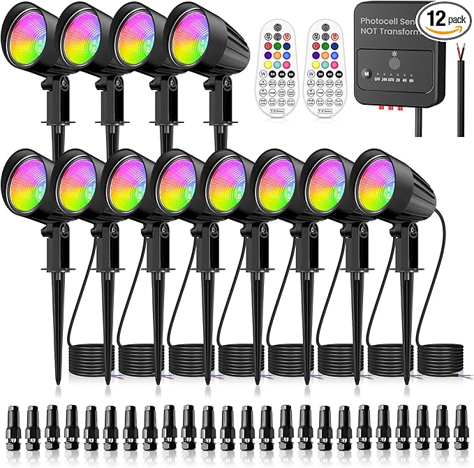 ZZXX 15W RGBW Low Voltage Landscape Lights LED Color Changing Spotlight Remote Control, Landscape Lightings Outdoor IP66 Waterproof AC/DC 12V-24V Photocell Sensor for Chrismas Garden Yard (12 Pack)
