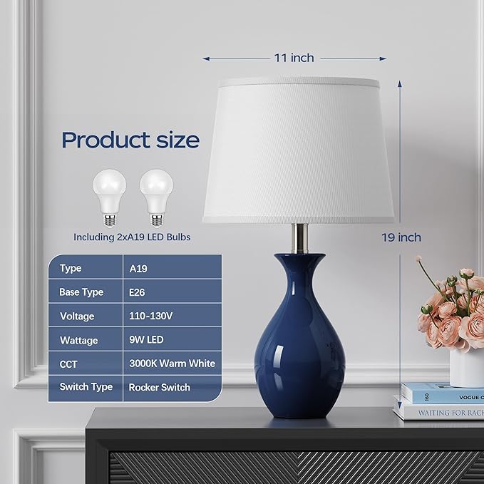 PARTPHONER Table Lamp Set of 2, Modern Ceramic Bedside Lamps for Night Stands, Classic Small Lamp Nightstand Lamp for Bedroom Living Room Desk End Table Rocker Navy Blue