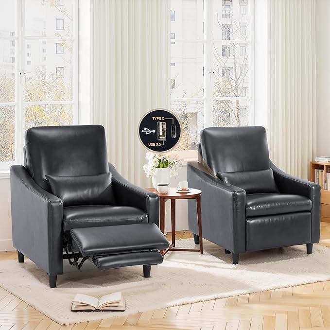 COLAMY Pushback Electric Recliner Chair Set of 2, Premium Leather Upholstery with Adjustable Angles, Extra Lumbar Pillow, Built-in Charging Port, Business-Casual Style for Living Room,Black