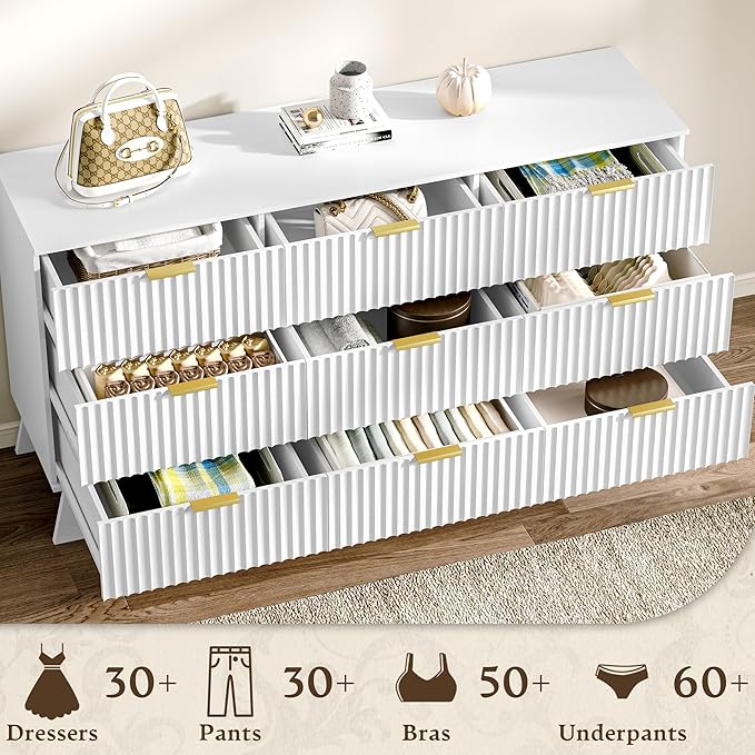 Fluted Dresser for Bedroom with 9 Drawers, 57" White Dressers & Chest of Drawers, Mid Century Modern Dressers TV Stand, Boho Wood Dresser for Closet Wide Storage Organizer for Living Room, Hallway