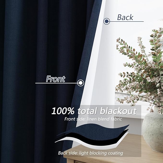 Guken Navy Blue Linen Blackout Curtains 120 Inch Length 2 Panels Set for Living Room Bedroom Back Tab Thermal Insulated 100% Black Out Linen Drapes Room Darkening Window Curtains 120 Inches Long