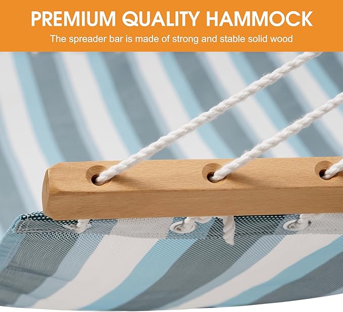 Lazy Daze Hammocks Quick Dry Hammock with Spreader Bar Textliene Fabric Double Outside Hammock with Chains Outdoor Patio Poolside Backyard Beach 450 lbs Capacity, Blue White Stripes