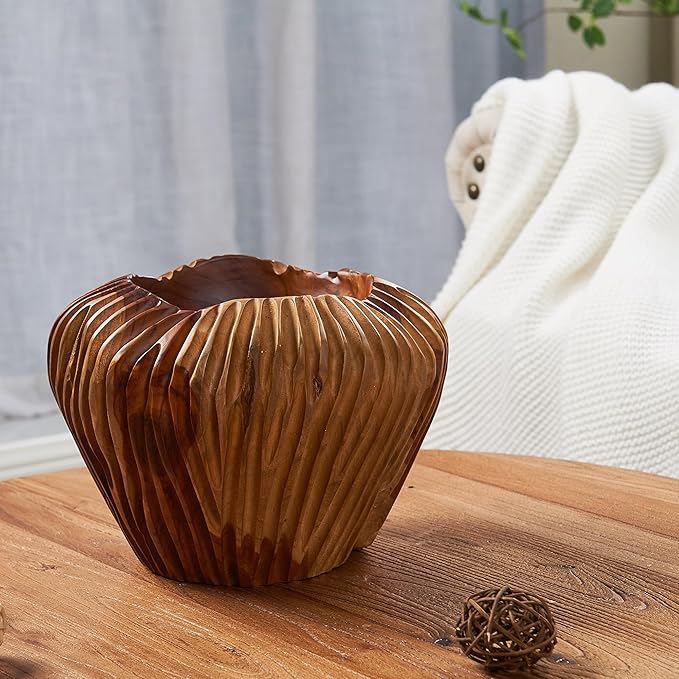 Teak Handcrafted Wooden Bowls Natural Wood Round Utility Bowl 9.7" W Handmade Rustic Serving Platter Fruit Snack Holder for Entry Table Vintage Artworks Dining Room Home Décor