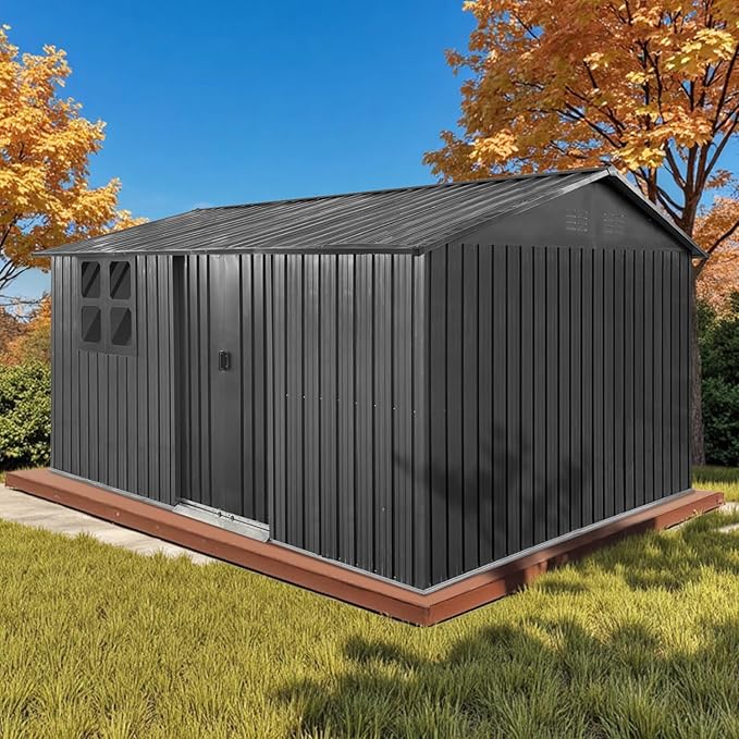 12x10 Ft Storage Shed Outdoor, XL Permanent Steel Building with Window, Sliding Doors and 4 Air Vents for Backyard Garden Patio Lawn - Black