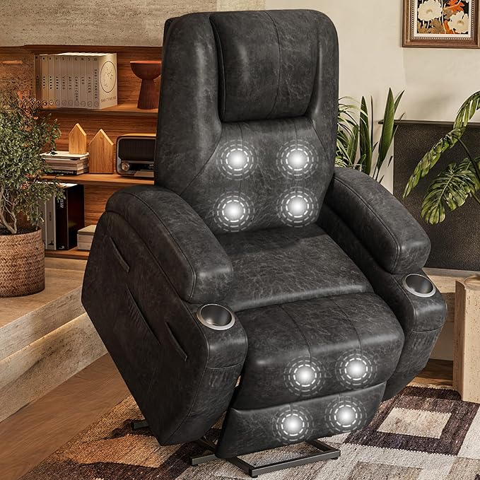 Flamaker Power Lift Chair with Vibration Massage Luxurious Leathaire Fabric Electric Lift Recliner for Elderly Power Lift Recliner Chair with Cup Holders Side Pockets for Living Room (Dark Gray)