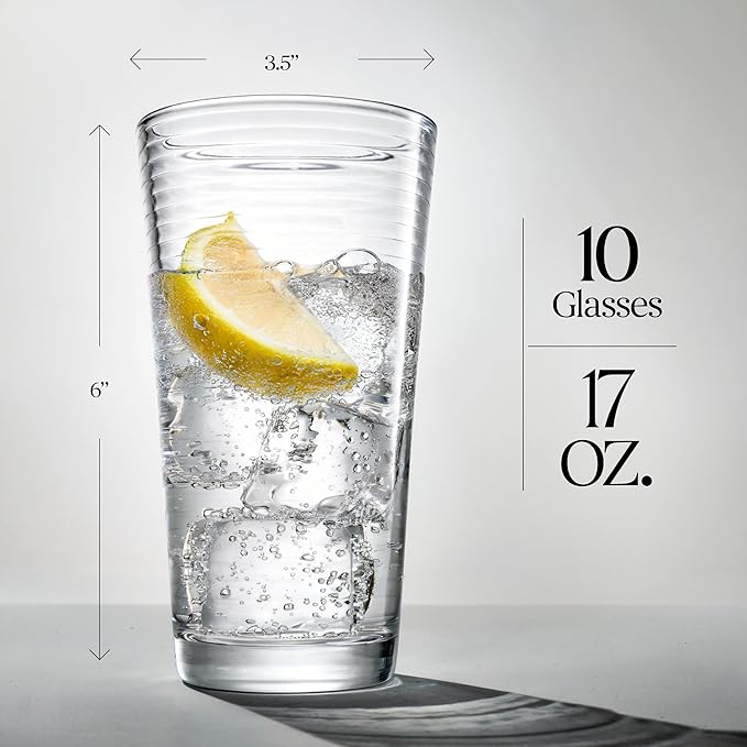 Glaver's Drinking Glasses Set of 10 Highball Glass Cups, Premium Quality 17 Oz. Coolers, Ribbed Glassware. Ideal for Water, Juice, Cocktails, and Iced Tea. Dishwasher Safe.