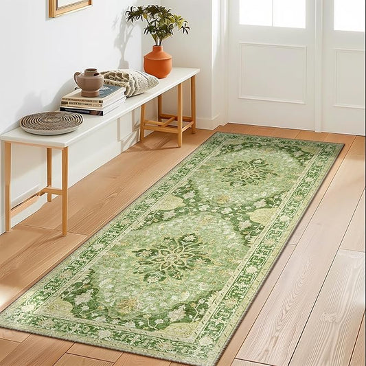 Area Rugs 2'x6' Washable Non-Slip, Floral Vintage Distress Print Pattern Medallion Carpet for Living Room Bedroom Dining Room, Sage Green Yellow