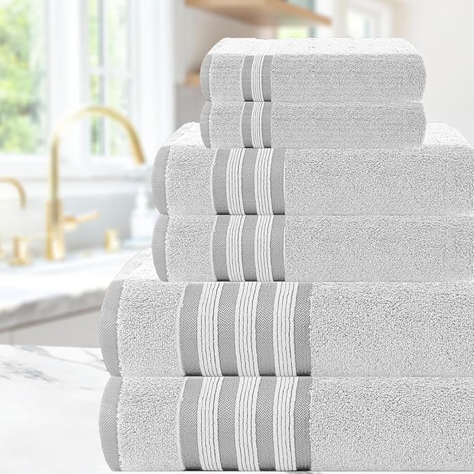 CASA COPENHAGEN Zero Twist, 6 Pieces Set 100% Cotton 0" Twist Towel Set- White, 600 GSM, 2 Bath, 2 Hand, 2 Washcloths Made from Egyptian Cotton, Ultra Soft Luxury Towels for Bathroom.