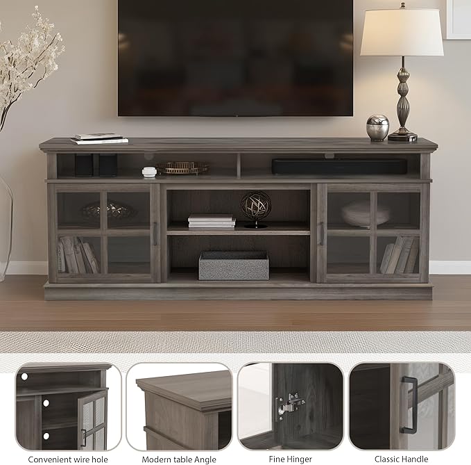 Fireplace TV Stand with Wood Glass Storage Cabinets, Farmhouse Entertainment Center for TVs up to 80", Mid Century Modern Media TV Console Table for Living Room Bedroom(Gray)